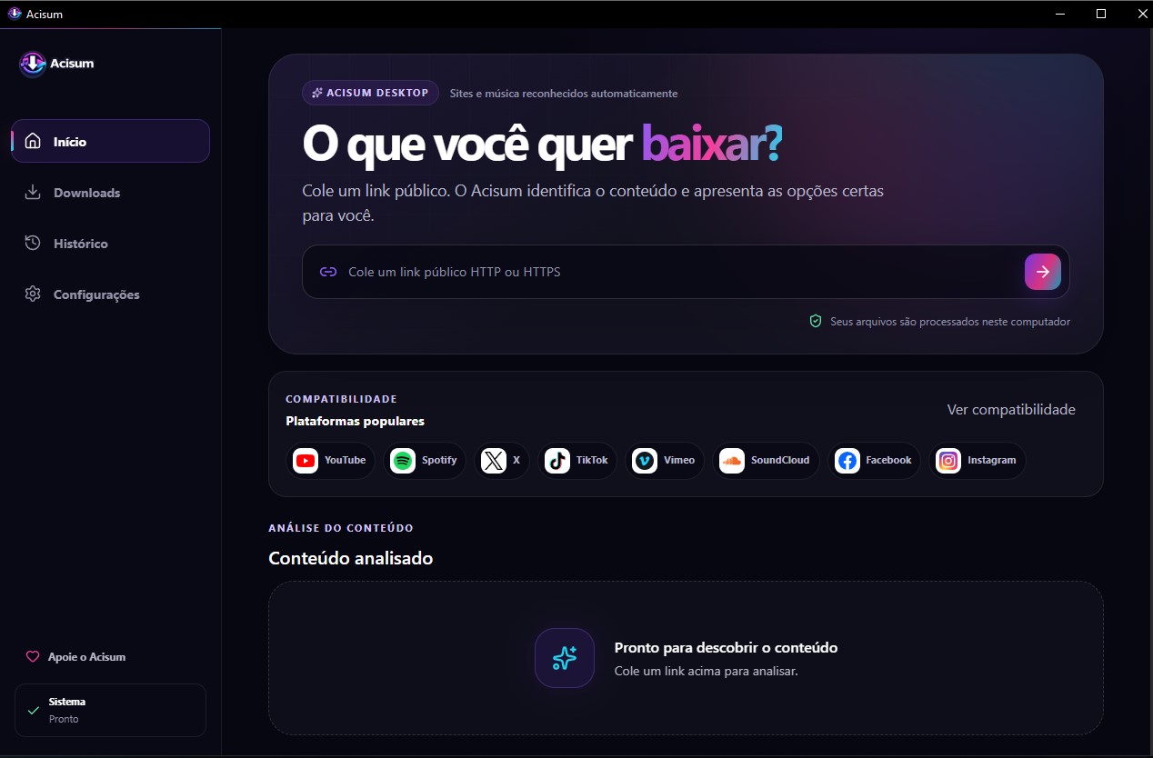 Aplicação desktop Acisum na tela O que você quer baixar