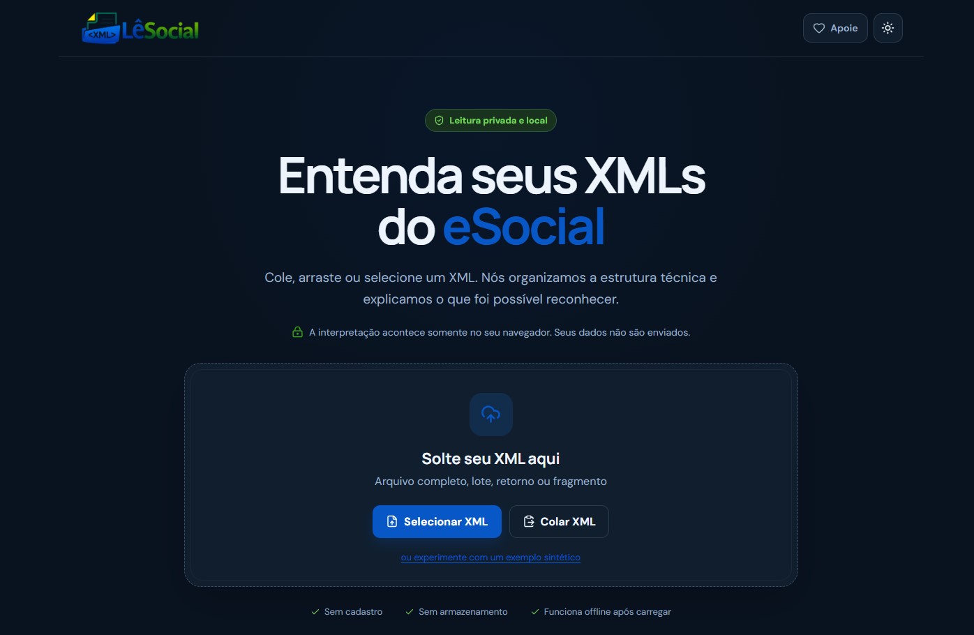 Página inicial do LêSocial com a área para selecionar ou colar XML do eSocial