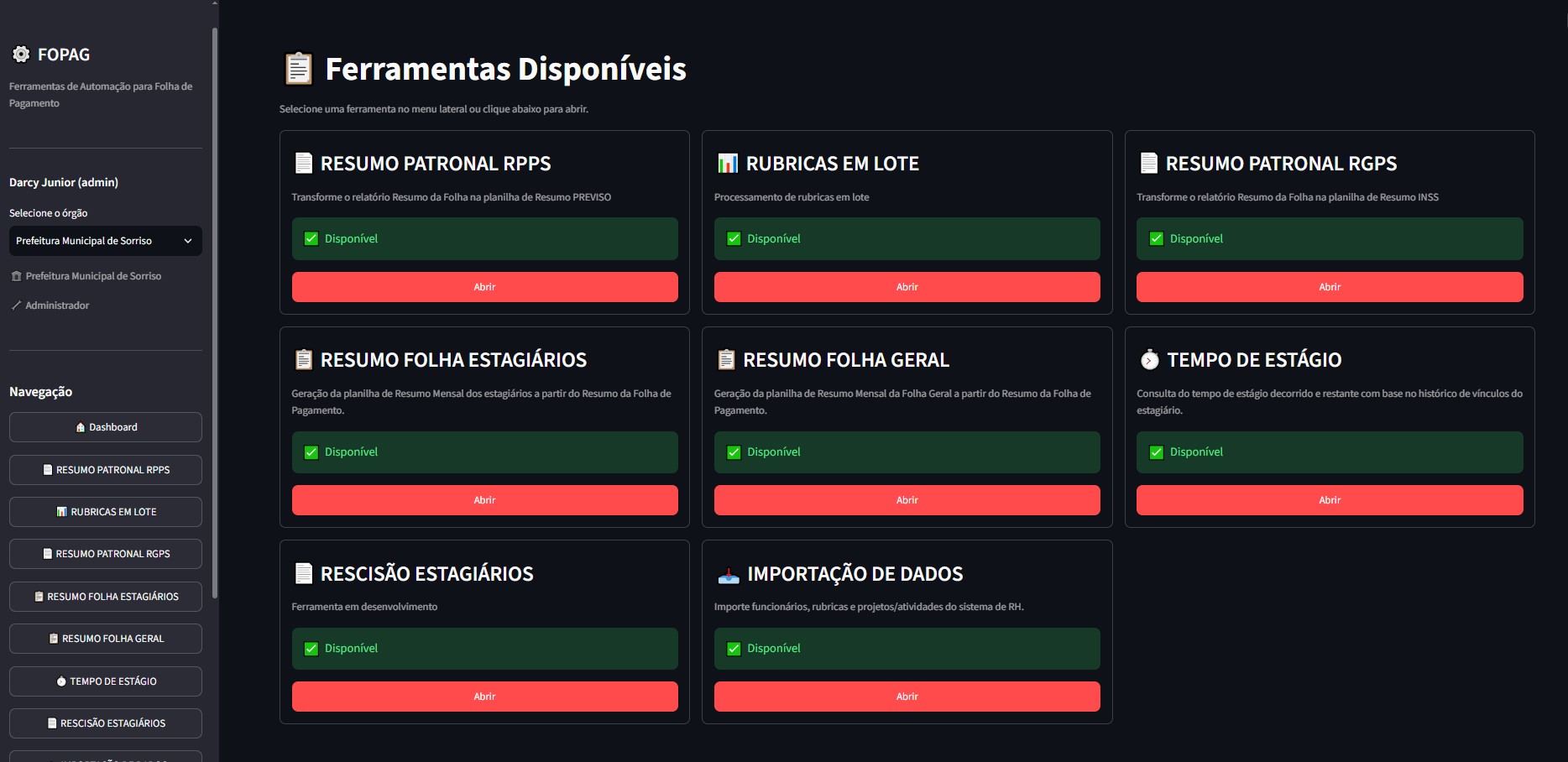 Painel do Ferramentas FOPAG mostrando as ferramentas disponíveis