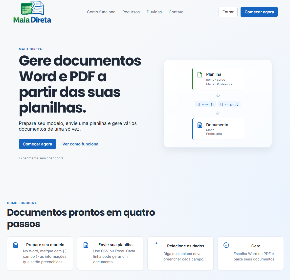 Página inicial do Mala Direta apresentando a geração de documentos Word e PDF
